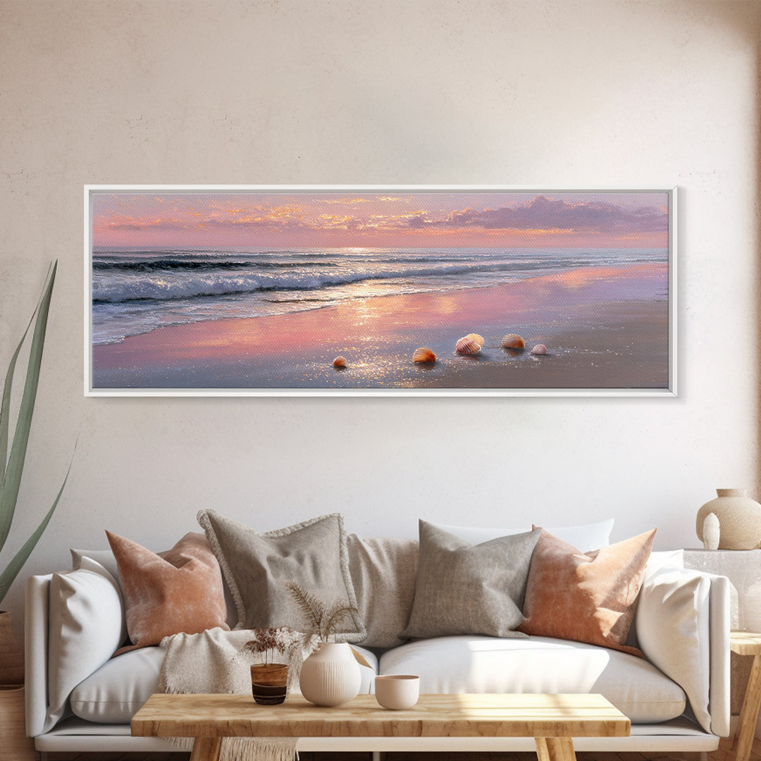 Sunset Ocean Shells Framed Canvas Print, Shimmering Beach Seascape, Coastal Wall Art For Bedroom And Beach House Decor Gift