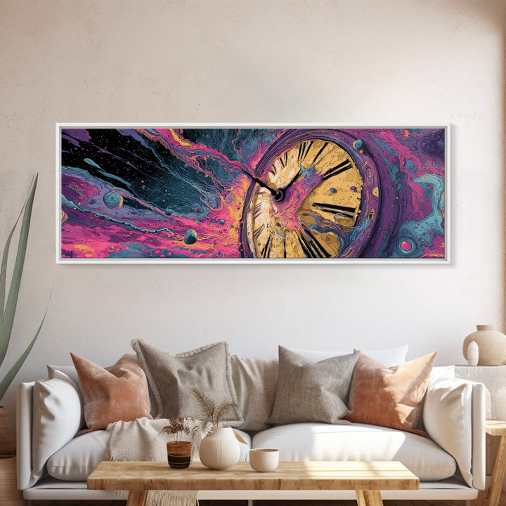 Melting Clock In Cosmic Space Wall Art, Surreal Time Travel Canvas, Psychedelic Galaxy Decor, Modern Abstract Art Print, Unique Gift