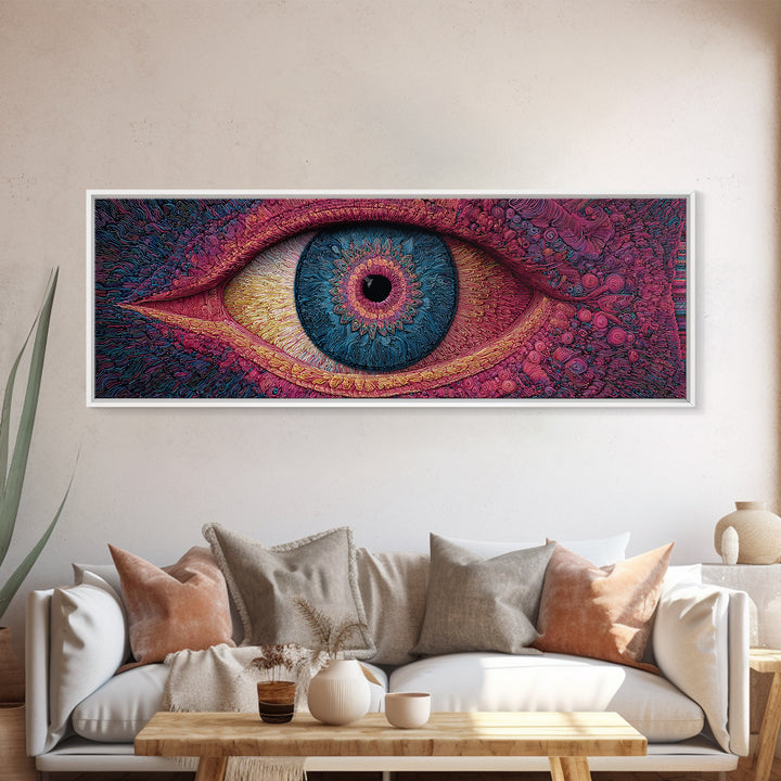 Psychedelic Blue Eye With Magenta Texture Wall Art, Surreal Canvas Print For Trippy Room Decor And Modern Statement Artwork