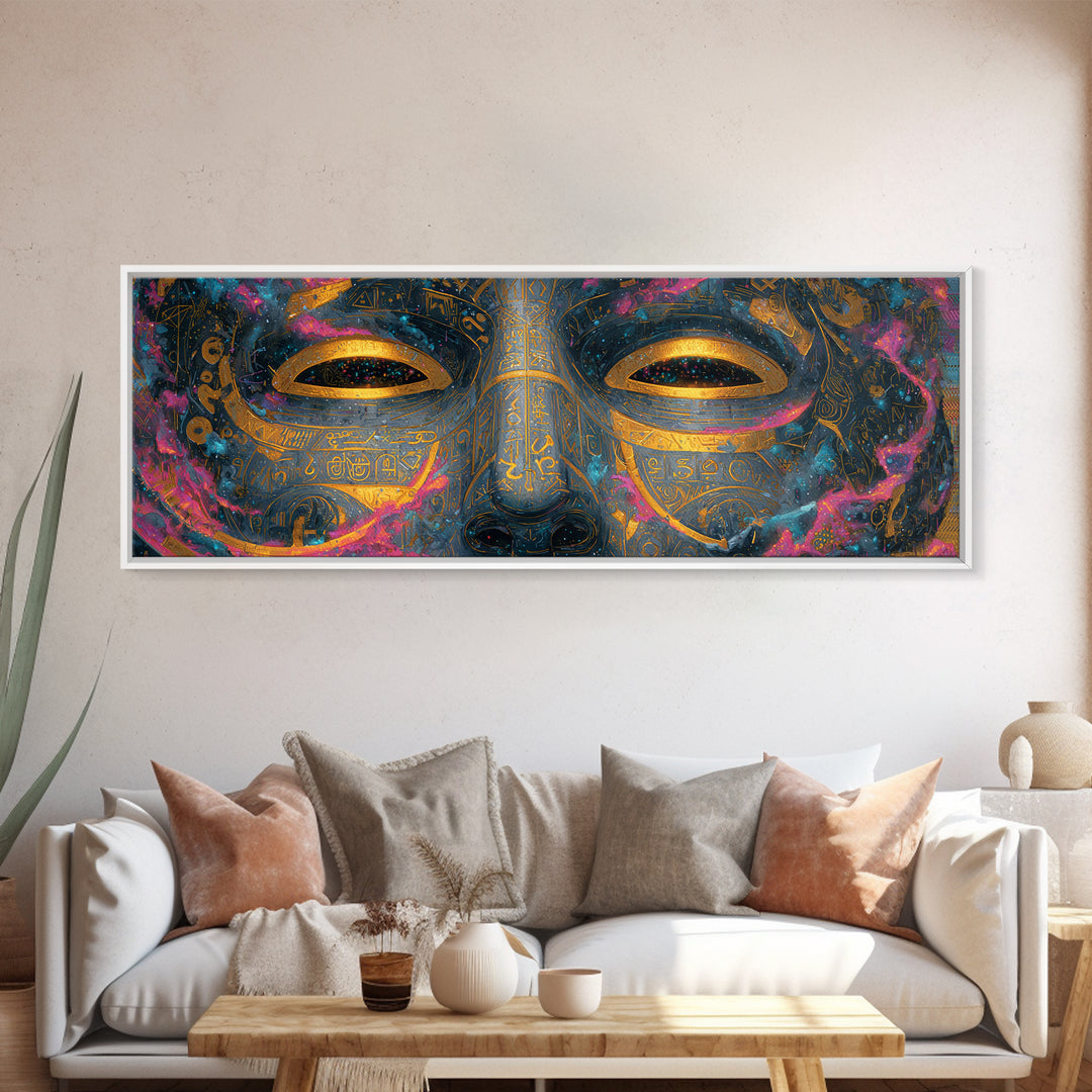Ornate Cosmic Golden Mask Wall Art, Egyptian Mystical Face, Celestial Decor, Luxury Home Decor, Statement Artwork Gift For Her