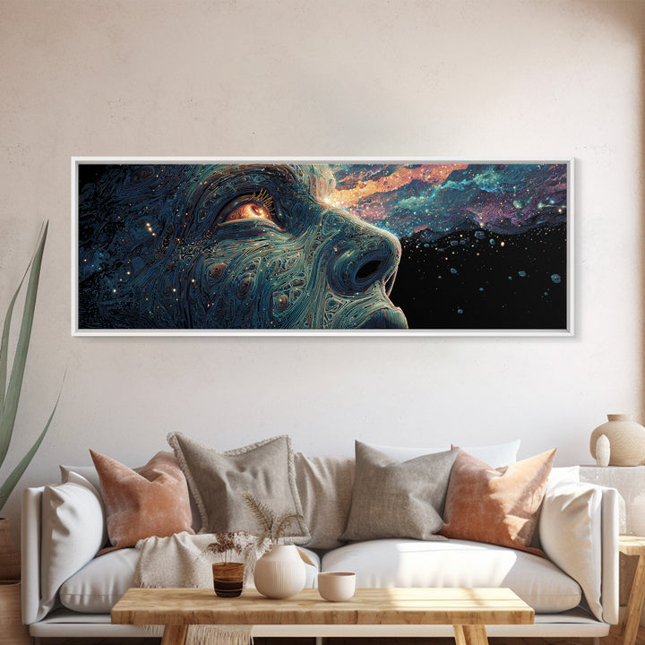 Cosmic Wolf Portrait With Galaxy Eye Wall Art, Large Panoramic Psychedelic Animal Canvas, Space Decor, Celestial Gift For Him