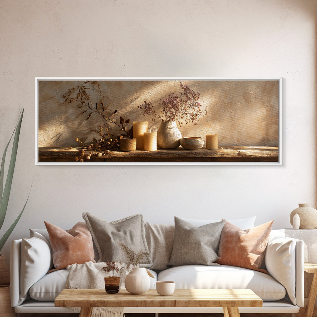 Neutral Candle Still Life Wall Art, Rustic Vase And Dried Botanical Painting, Wabi Sabi Minimalist Earth Tone Home Decor Gift
