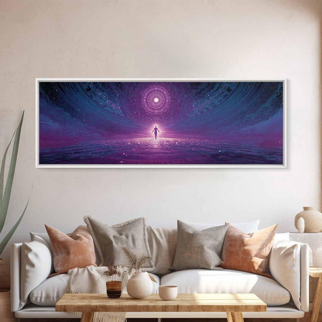 Cosmic Figure Before Celestial Portal Wall Art, Surreal Space Canvas Print, Mystical Purple Meditation Room Decor Gift For Her
