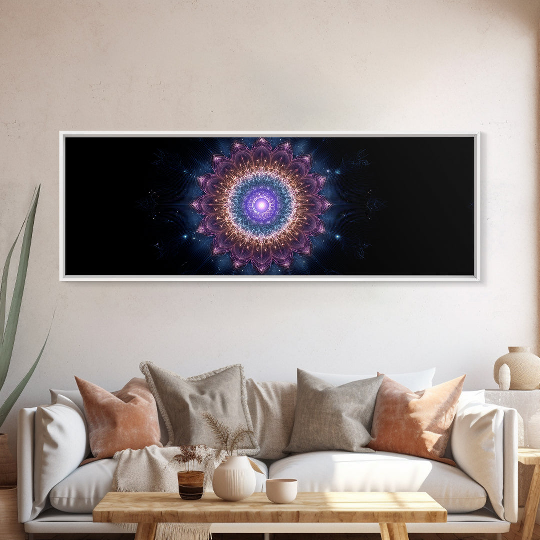 Glowing Purple Mandala Cosmic Wall Art, Celestial Abstract Canvas Print, Spiritual Decor, Meditation Room Art Gift For Her