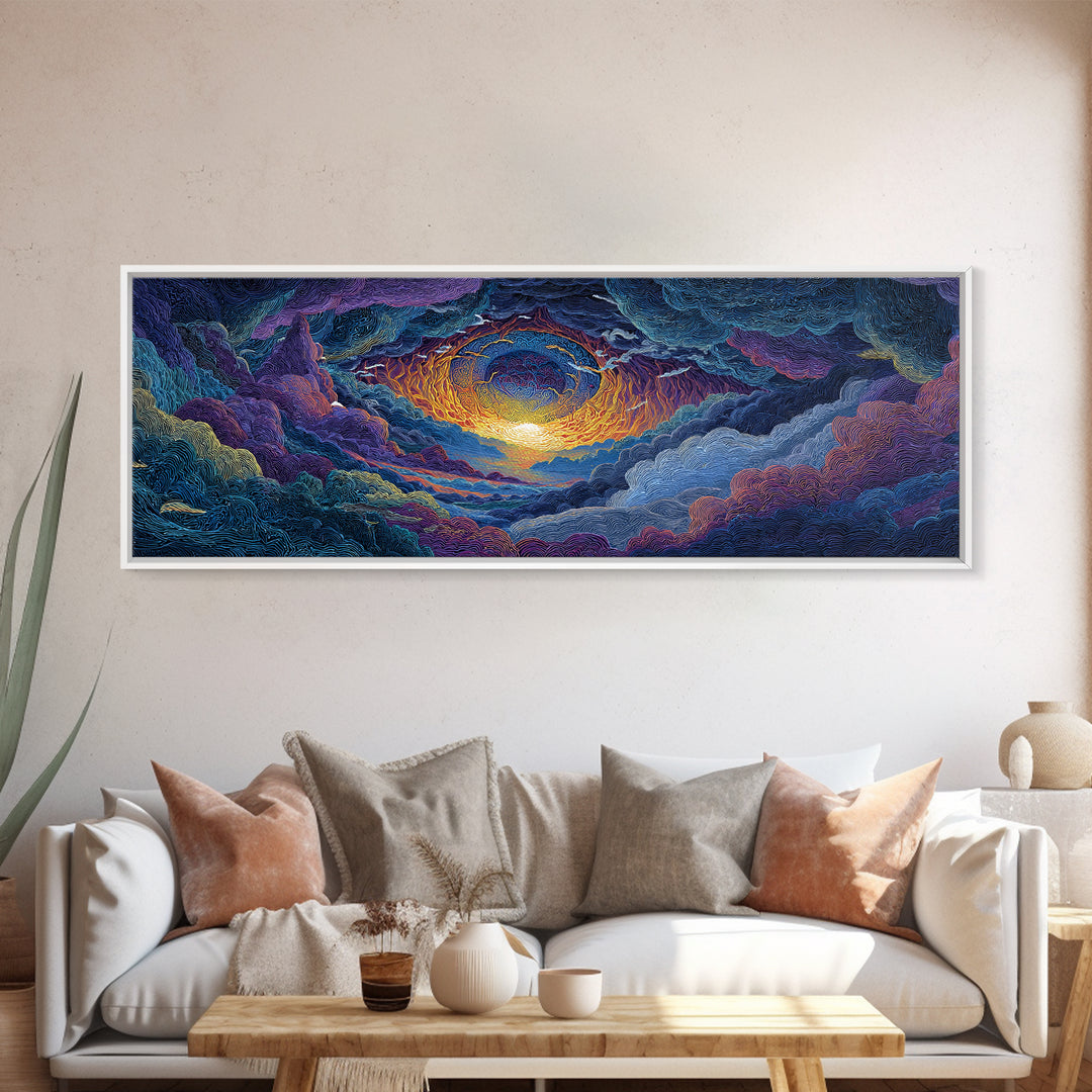 Textured Celestial Eye Sunset Wall Art, Cosmic Abstract Landscape Canvas, Colorful Spiritual Decor, Large Statement Art Print