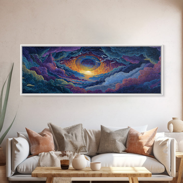 Textured Celestial Eye Sunset Wall Art, Cosmic Abstract Landscape Canvas, Colorful Spiritual Decor, Large Statement Art Print