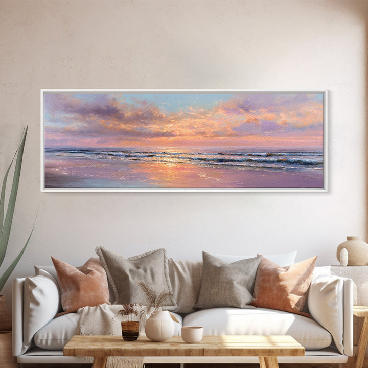 Pastel Ocean Sunset Canvas Print, Romantic Seascape Painting, Coastal Wall Art, Serene Beach House Living Room Decor Gift