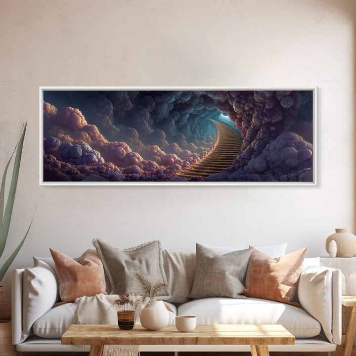 Moody Cloud Stairway Framed Canvas Print, Fantasy Heaven Wall Art, Dreamy Celestial Landscape, Calming Bedroom Wall Decor
