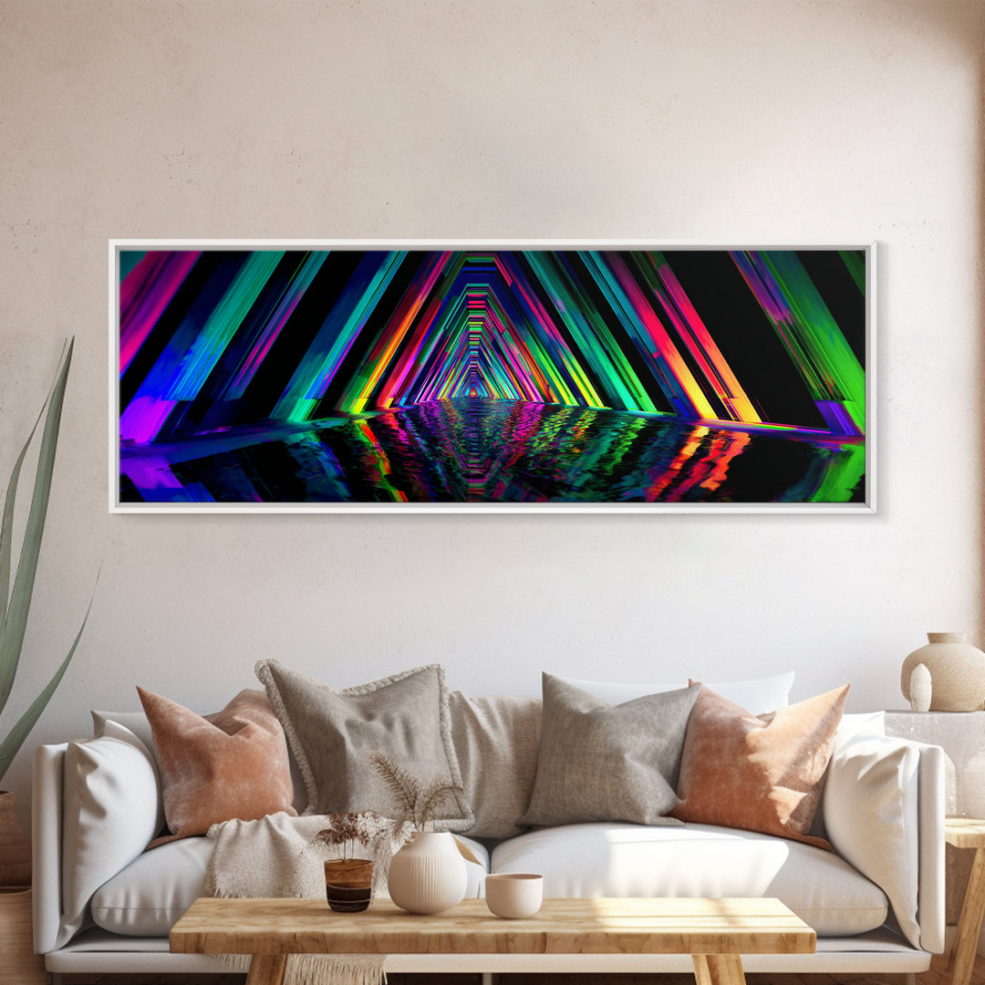 Neon Geometric Tunnel Reflection Canvas Print, Cyberpunk Wall Art, Futuristic Abstract Art, Gaming Room Decor, Vaporwave Poster