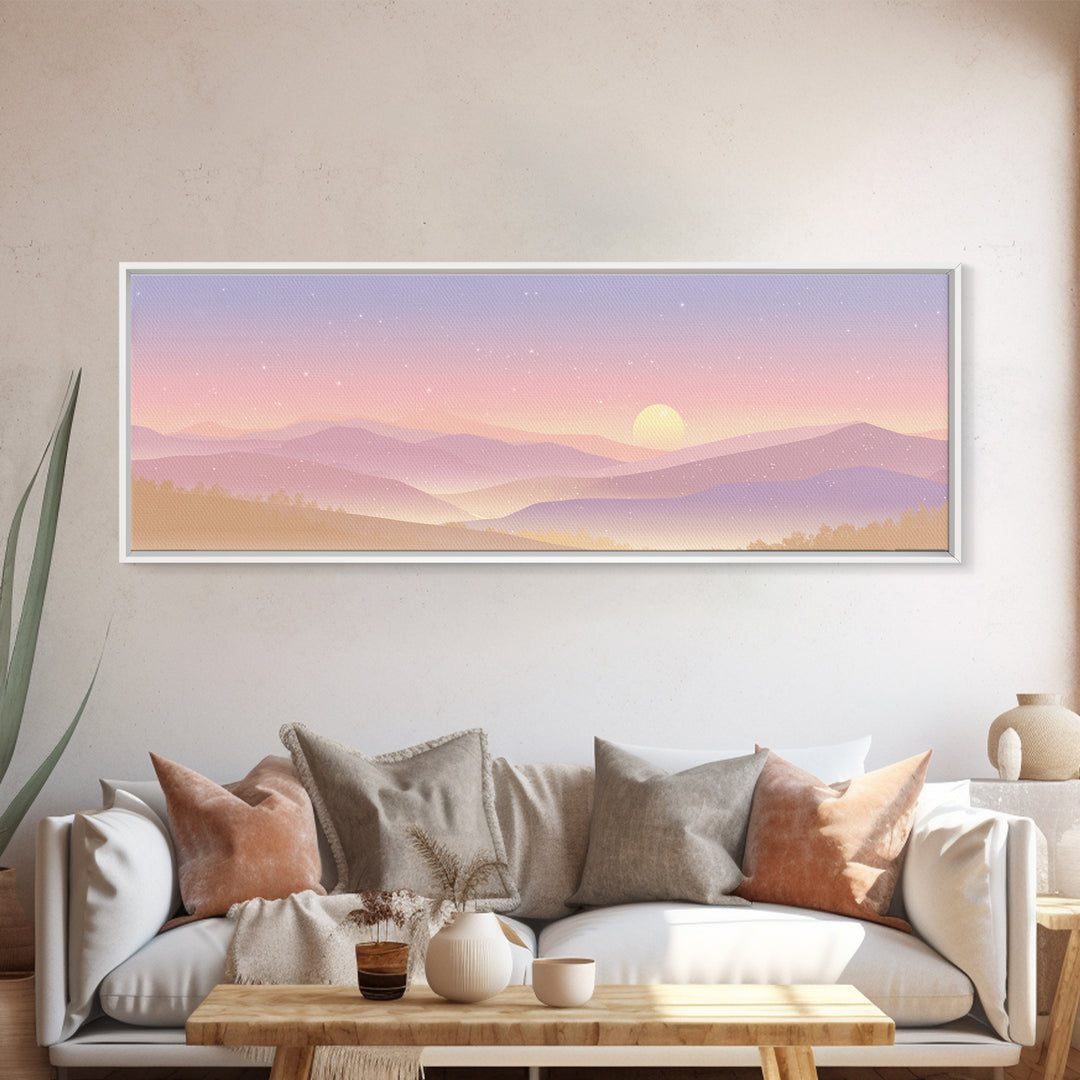 Pastel Mountain Moon Wall Art, Minimalist Sunset Landscape, Celestial Nursery Print, Calming Soft Pink Bedroom Home Decor Gift