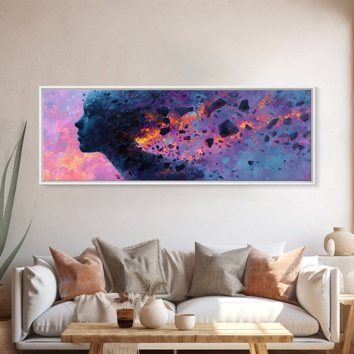 Cosmic Woman Profile Dissolving Into Stars Canvas Print, Surreal Feminine Wall Art For Bedroom Decor And Modern Office Decor