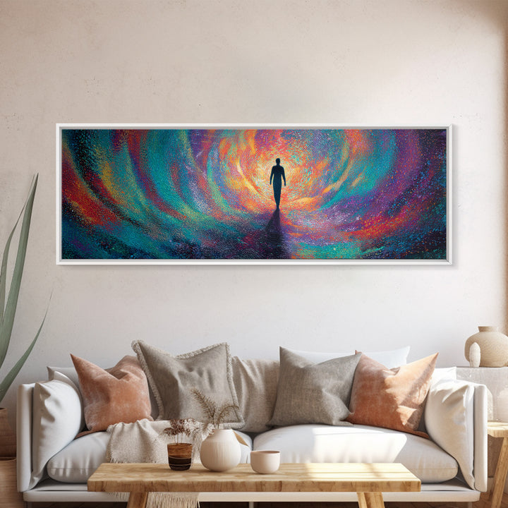 Silhouette Walking Into Rainbow Vortex Wall Art, Abstract Psychedelic Art Print, Meditation Decor, Modern Canvas Print For Living Room
