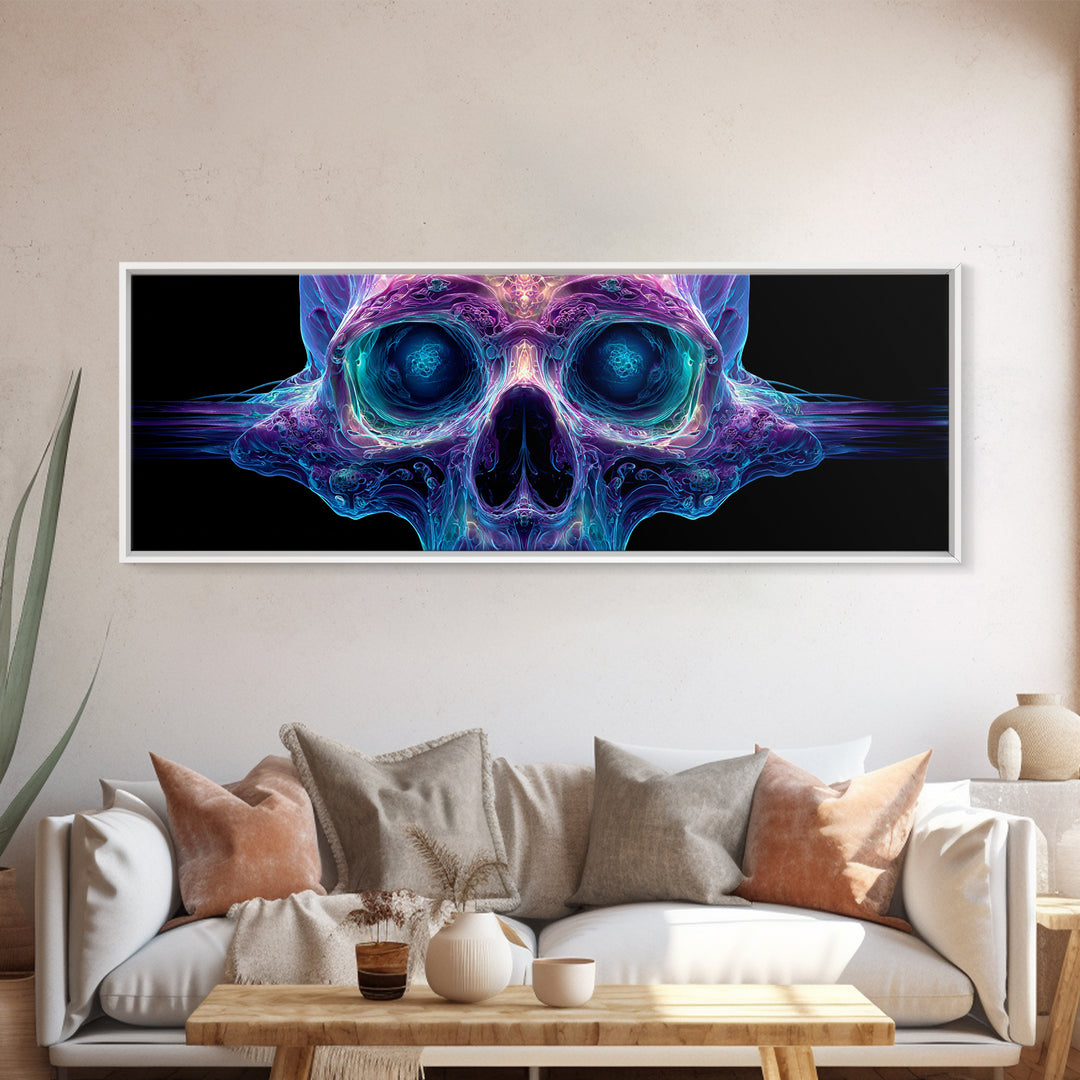 Neon Crystal Skull Wall Art, Gothic Psychedelic Dark Art Print, Futuristic Macabre Decor, Framed Canvas Print For Living Room