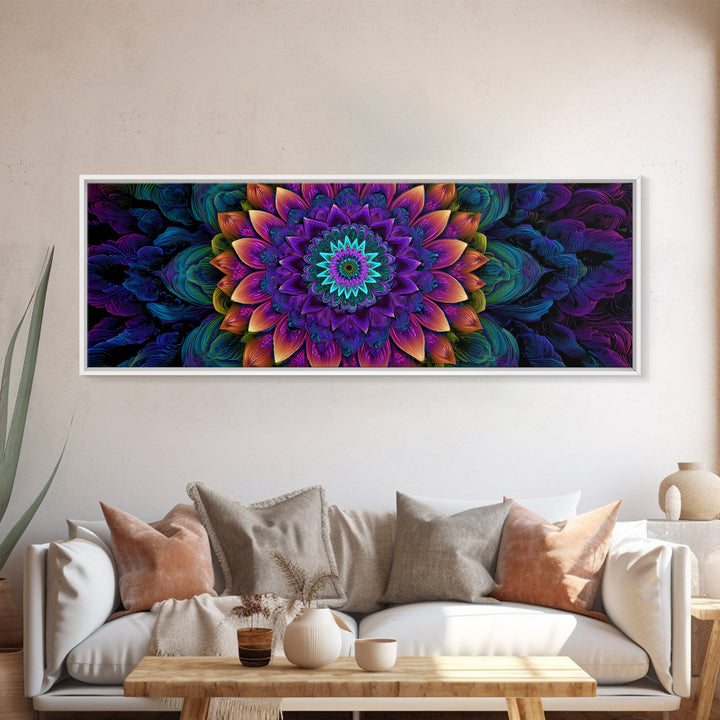 Vibrant Fractal Mandala Flower Canvas Print, Psychedelic Wall Art, Colorful Spiritual Decor, Meditation Room Art, Yoga Studio