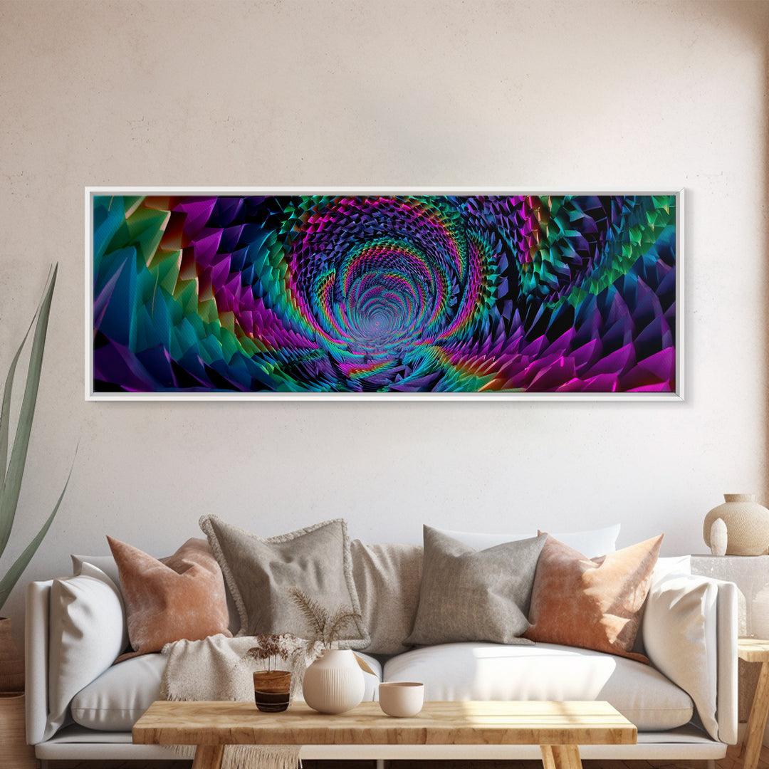 Rainbow Crystal Vortex Tunnel With Geometric Depth Canvas Print, Psychedelic Wall Art For Modern Abstract Home Decor And Office Decor