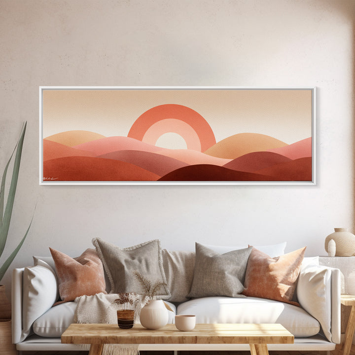 Terracotta Sun And Rolling Hills Canvas Print, Abstract Desert Landscape, Mid Century Modern Wall Art, Warm Earth Tone Decor