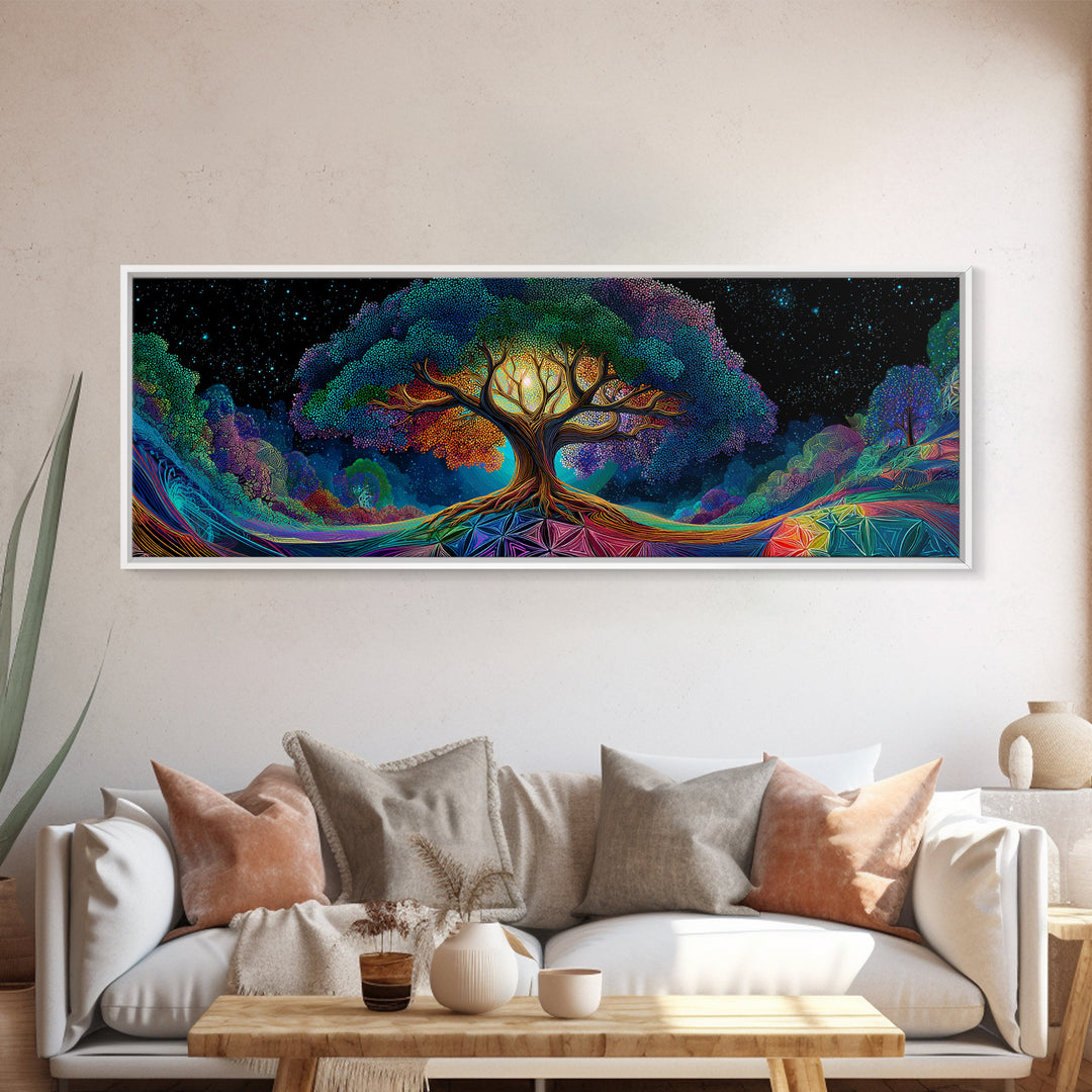 Glowing Tree Of Life Under Starry Sky Framed Canvas Print, Mystical Nature Wall Art For Boho Home Decor And Bedroom Decor