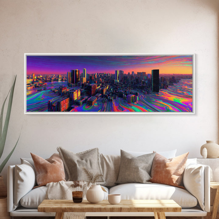 Neon Cyberpunk City Canvas Print, Futuristic Skyline Wall Art, Glitch Urban Decor, Modern Gaming Room Panoramic Wall Art Print