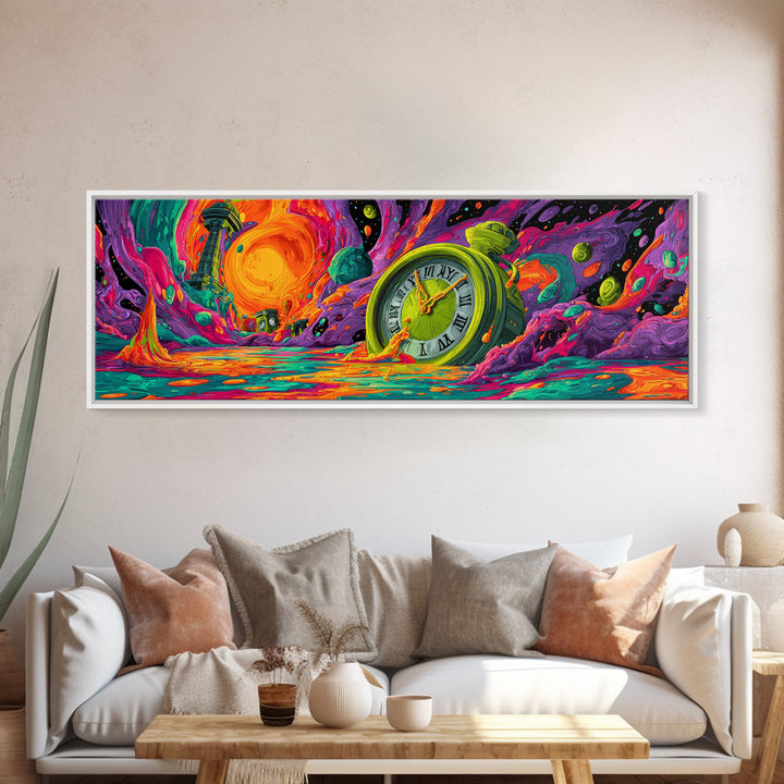 Melting Clock Alien Planet Wall Art, Surreal Psychedelic Landscape Print, Colorful Fantasy Decor, Statement Canvas Print