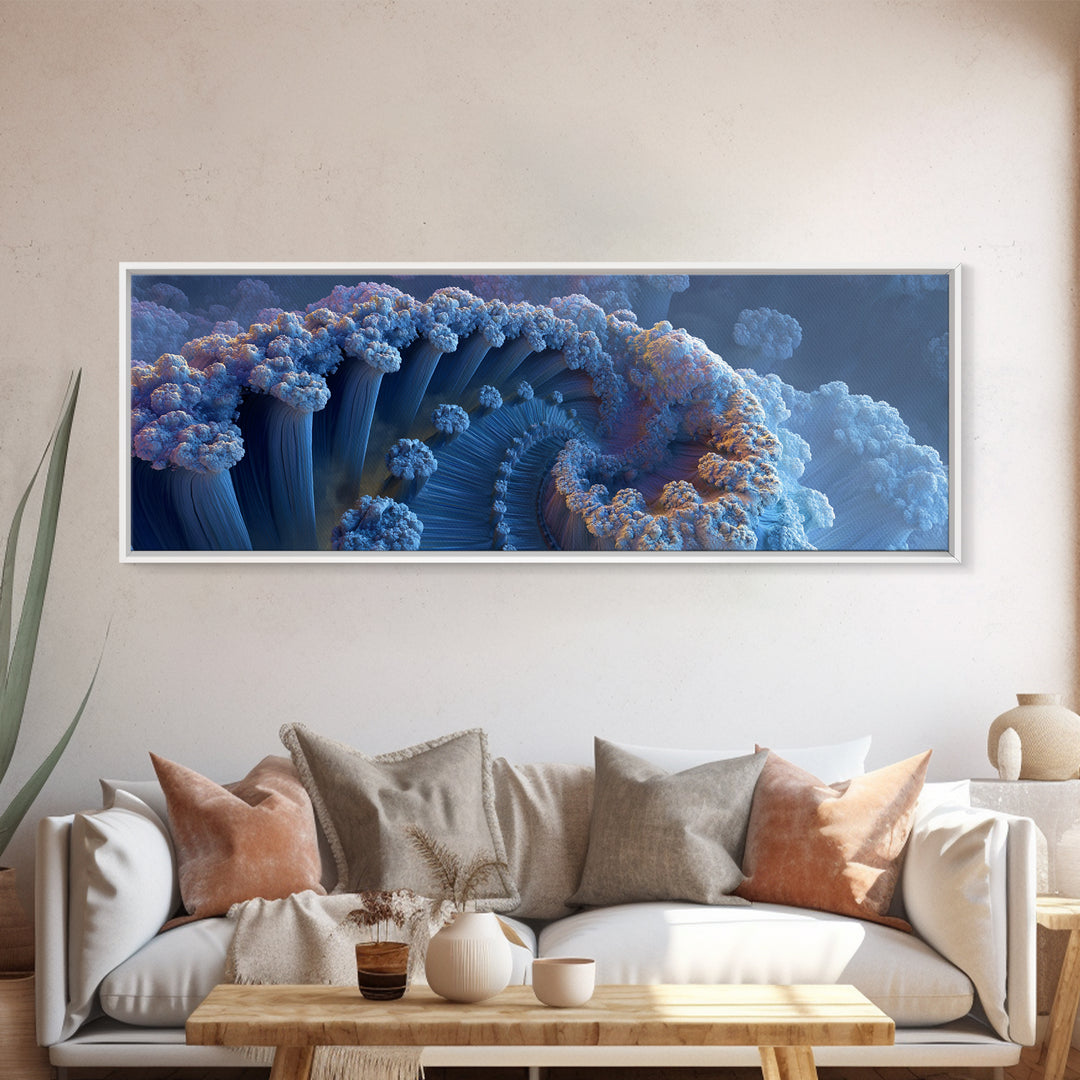 Blue Fractal Ocean Wave And Frozen Spiral Canvas Print, Abstract Seascape Wall Art For Modern Coastal Living Room Home Decor