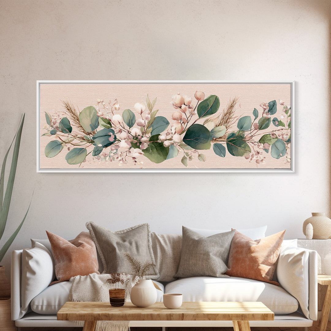 Eucalyptus Cotton Floral Garland Framed Canvas Print, Sage Green Wall Art, Boho Nursery Decor, Farmhouse Home Gift For Her