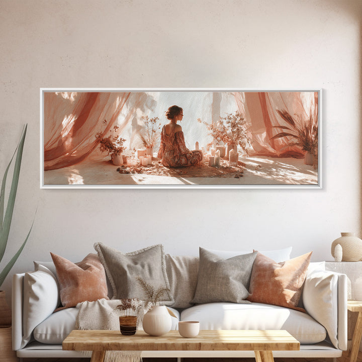 Boho Woman Candle Meditation Wall Art, Blush Drapery Sanctuary, Feminine Bedroom Decor, Spiritual Canvas, Gift For Her Print
