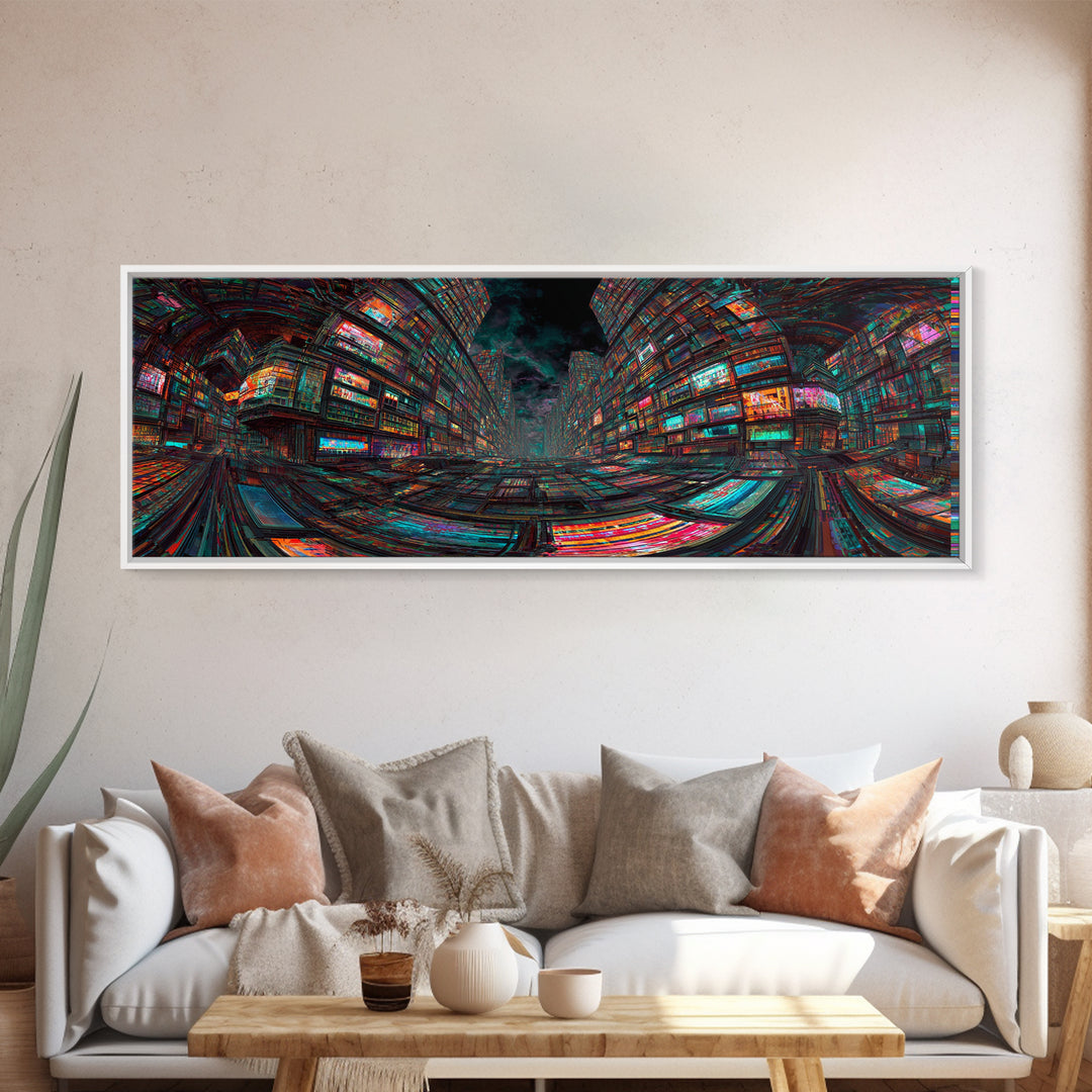 Neon Cyberpunk City With Glitch Streets Framed Canvas Print, Futuristic Wall Art For Gaming Room Decor And Office Decor, Gift For Him