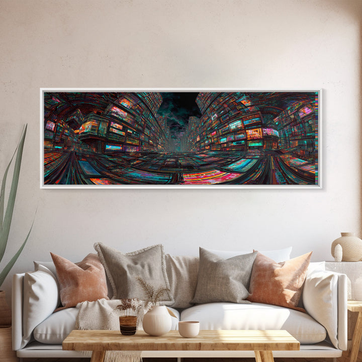 Neon Cyberpunk City With Glitch Streets Framed Canvas Print, Futuristic Wall Art For Gaming Room Decor And Office Decor, Gift For Him