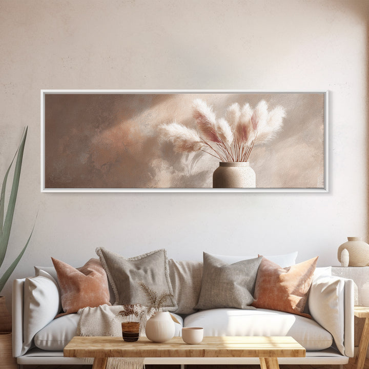 Neutral Pampas Grass Vase Framed Canvas Print, Beige Minimalist Wall Art, Japandi Home Decor, Modern Living Room Decor Print