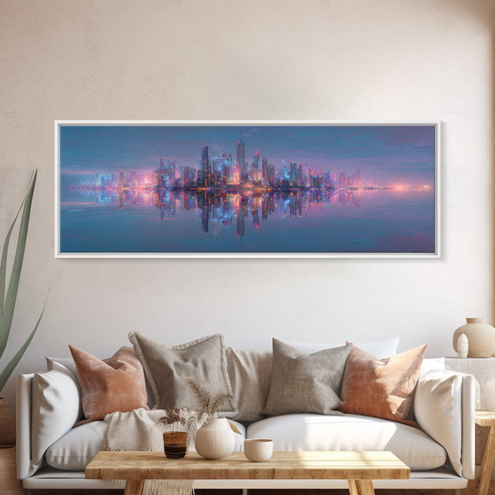 Neon Futuristic Skyline Reflection Wall Art, Panoramic Canvas Print, Cyberpunk Cityscape, Modern Living Room Decor, Large Horizontal Art