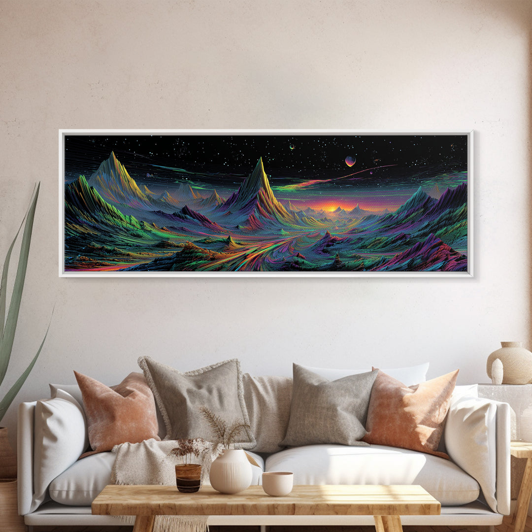 Alien Mountain Road Under Stars Wall Art, Psychedelic Space Landscape, Sci Fi Decor, Panoramic Canvas, Vaporwave Gamer Room Print
