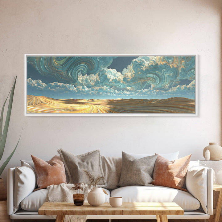 Surreal Golden Desert Under Swirling Clouds Canvas Print, Panoramic Landscape Wall Art For Modern Living Room Decor, Housewarming Gift