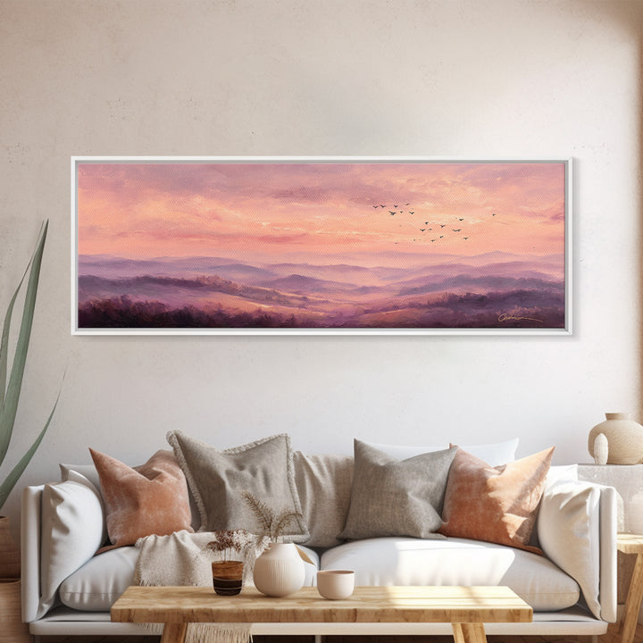 Misty Pink Mountain Landscape Wall Art, Romantic Sunrise Canvas Print, Large Horizontal Living Room Decor, Nature Gift Print