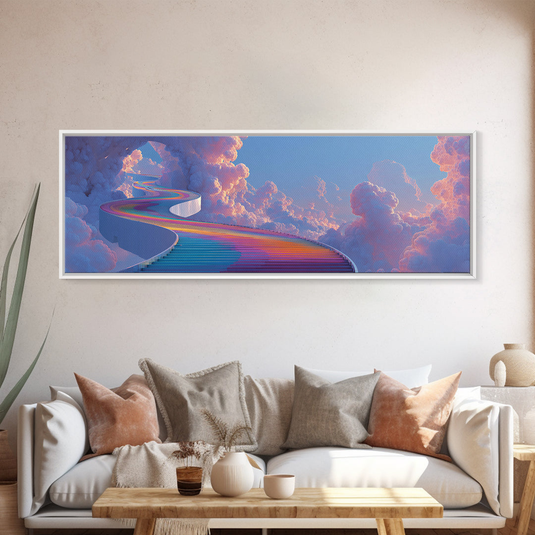 Rainbow Stairway Through Clouds Wall Art, Dreamy Celestial Fantasy Print, Pastel Whimsical Decor, Framed Canvas Print For Nursery