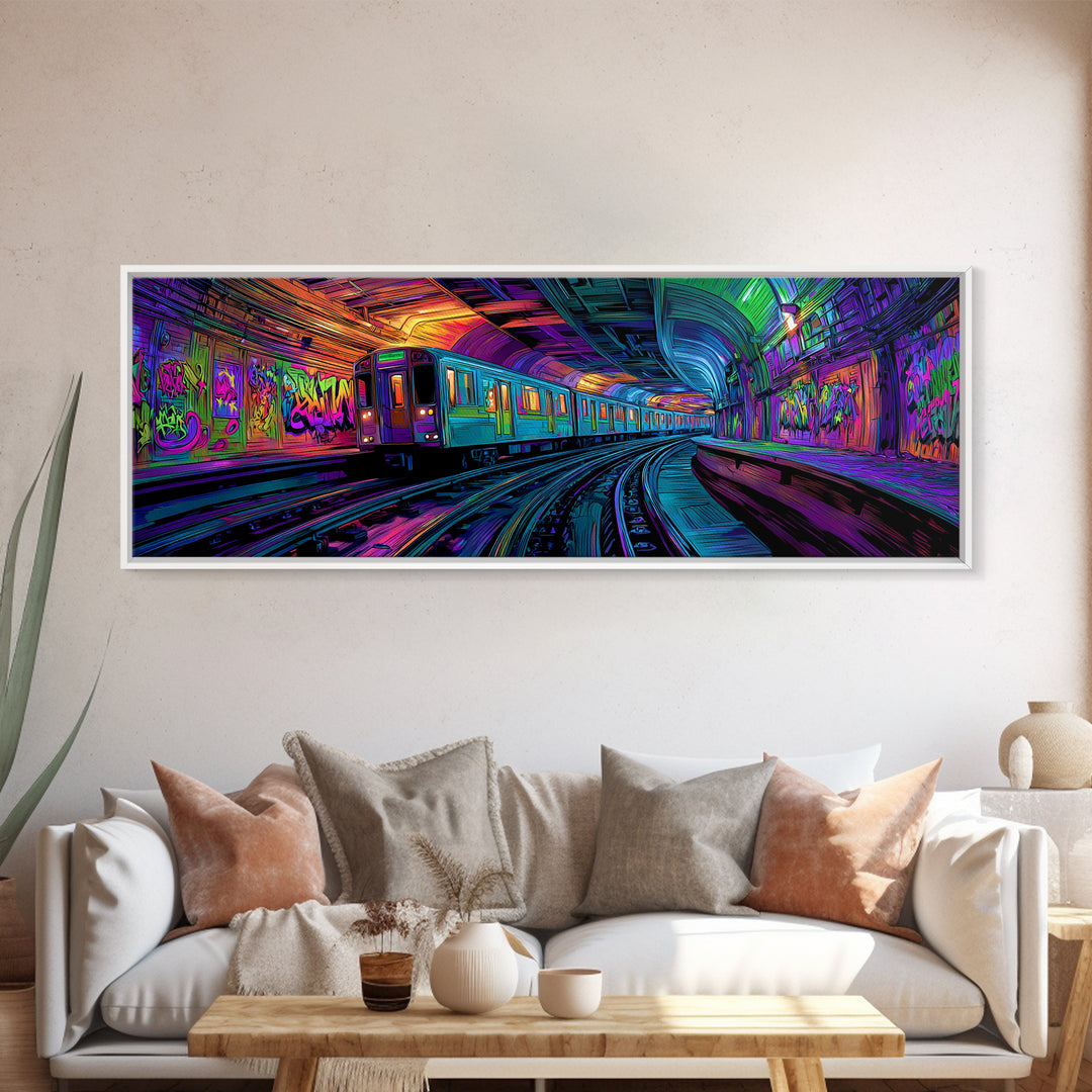Neon Graffiti Subway Canvas Print, Urban Street Art Train, Cyberpunk Wall Decor, Gaming Room Art, Modern Wall Art Gift For Him