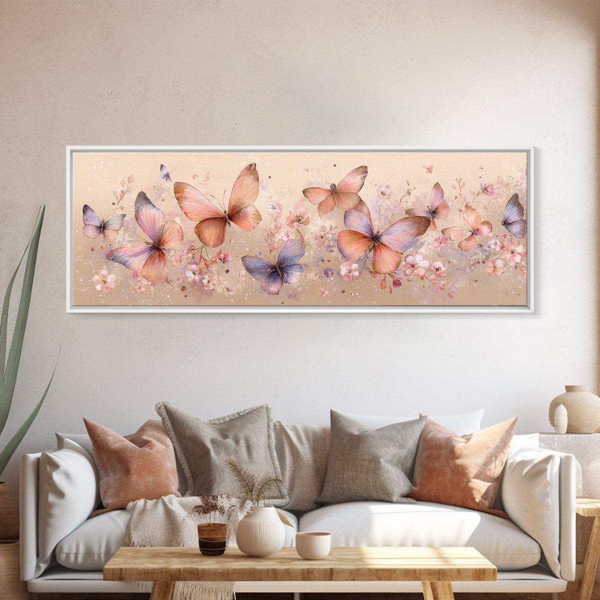 Pastel Butterfly Garden Wall Art, Soft Floral Canvas Print, Feminine Nursery Decor, Spring Bedroom Art, Gift For Her Print