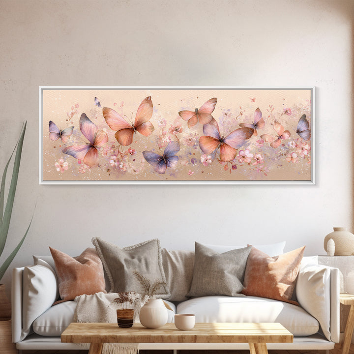 Pastel Butterfly Garden Wall Art, Soft Floral Canvas Print, Feminine Nursery Decor, Spring Bedroom Art, Gift For Her Print