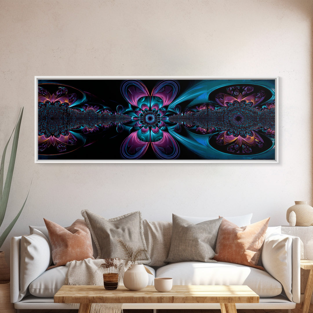 Neon Fractal Flower Mandala Wall Art, Symmetrical Psychedelic Canvas, Teal And Purple Abstract Decor, Meditation Room Print