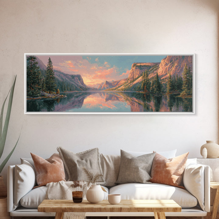 Serene Mountain Lake Sunset Wall Art, Panoramic Landscape Canvas Print, Rustic Nature Decor For Living Room And Cabin Home Decor