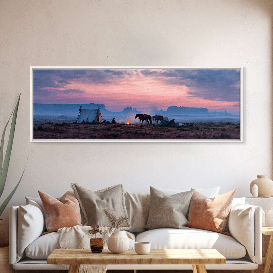 Western Desert Camp With Horses Framed Canvas Print, Cowboy Sunset Landscape, Southwestern Wall Art, Rustic Western Home Decor