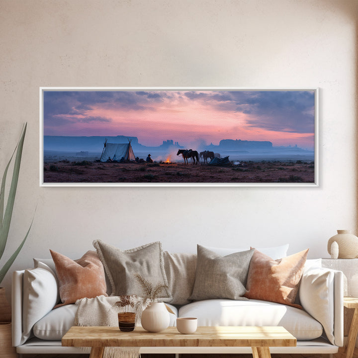 Western Desert Camp With Horses Framed Canvas Print, Cowboy Sunset Landscape, Southwestern Wall Art, Rustic Western Home Decor