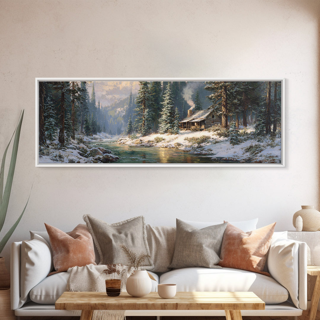 Snowy Cabin River Framed Canvas Print, Winter Forest Landscape Wall Art, Rustic Home Decor, Lake House Gift For Living Room Decor