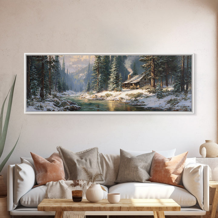 Snowy Cabin River Framed Canvas Print, Winter Forest Landscape Wall Art, Rustic Home Decor, Lake House Gift For Living Room Decor