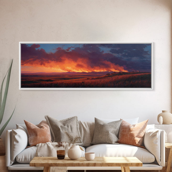 Wildfire Prairie Sunset Wall Art, Dramatic Grassland Landscape, Moody Rustic Decor, Western Canvas Print, Large Horizontal Art