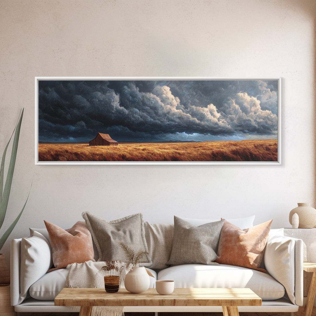 Stormy Prairie Barn Wall Art, Rustic Farmhouse Landscape Painting, Moody Country Decor, Large Horizontal Framed Canvas Print