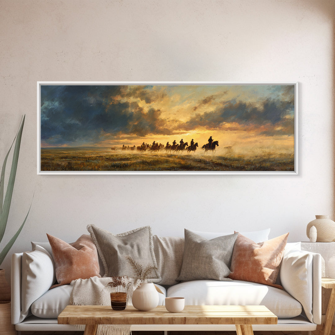 Galloping Cowboys At Sunset Framed Canvas Print, Western Horse Landscape Wall Art, Rustic Ranch Decor, Moody Prairie Painting