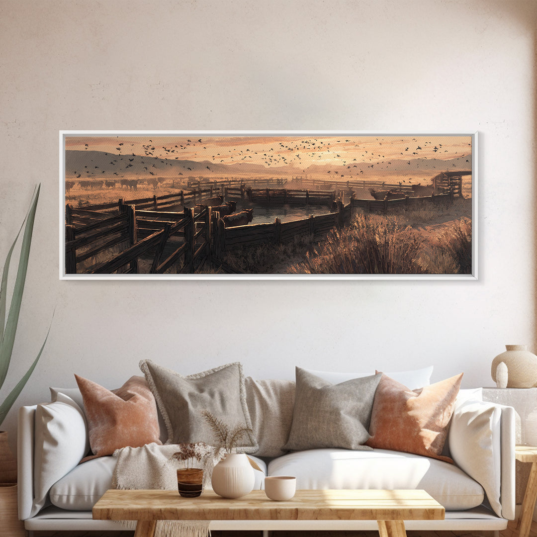Sepia Ranch Corral Sunset Framed Canvas Print, Western Wall Art, Rustic Farmhouse Decor, Cowboy Landscape, Housewarming Gift