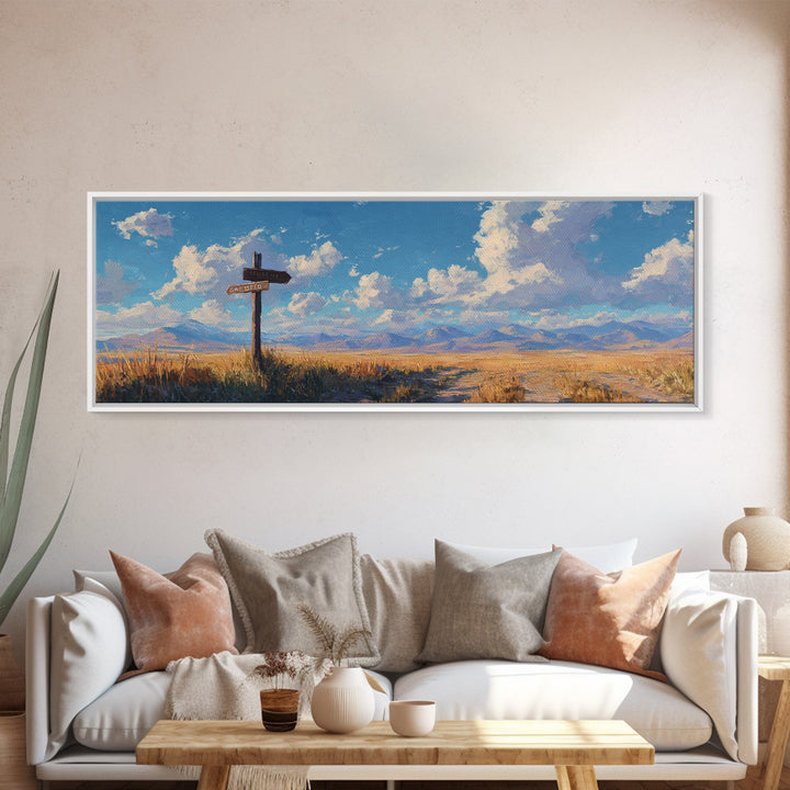 Sunlit Prairie Signpost And Mountain Meadow Wall Art, Rustic Country Landscape Canvas Print, Farmhouse Decor, Open Range Gift