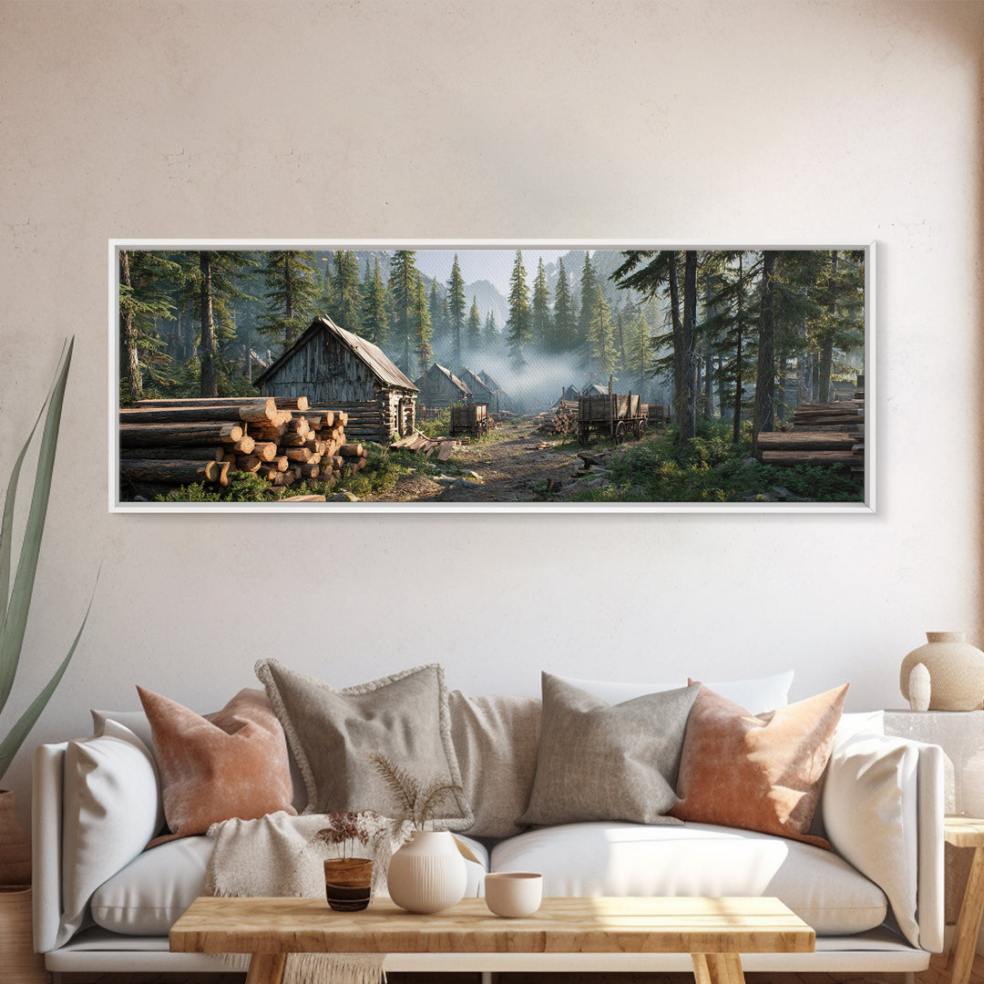 Rustic Logging Camp In Pine Forest Canvas Print, Large Cabin Wall Art, Woodland Landscape, Farmhouse Decor, Nature Lover Gift