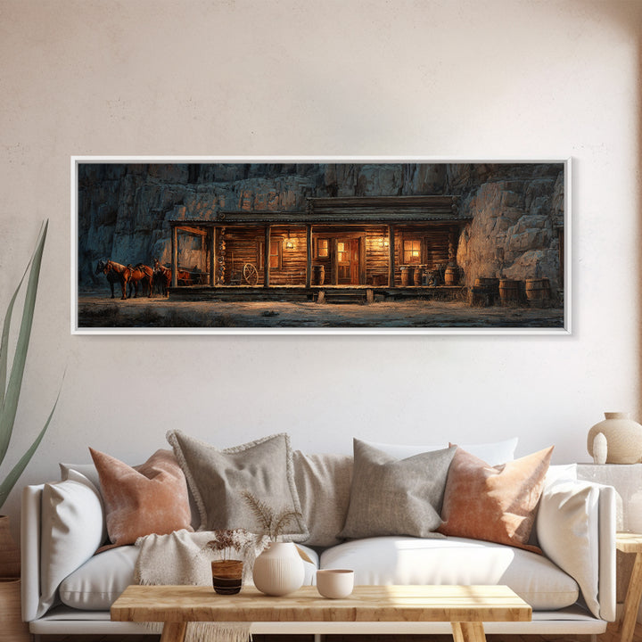 Rustic Western Saloon With Horses Framed Canvas Print, Cowboy Wall Art, Canyon Cabin Decor, Man Cave Rustic Wall Art Decor